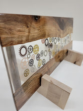 Load image into Gallery viewer, Charcuterie Board - Black Walnut with Clear Epoxy &amp; Antique Gears - 18&quot;

