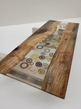Load image into Gallery viewer, Charcuterie Board - Black Walnut with Clear Epoxy &amp; Antique Gears - 18&quot;
