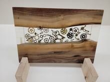 Load image into Gallery viewer, Charcuterie Board - Black Walnut with Clear Epoxy &amp; Antique Gears &amp; Keys - 12&quot;
