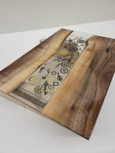 Load image into Gallery viewer, Charcuterie Board - Black Walnut with Clear Epoxy &amp; Antique Gears &amp; Keys - 12&quot;
